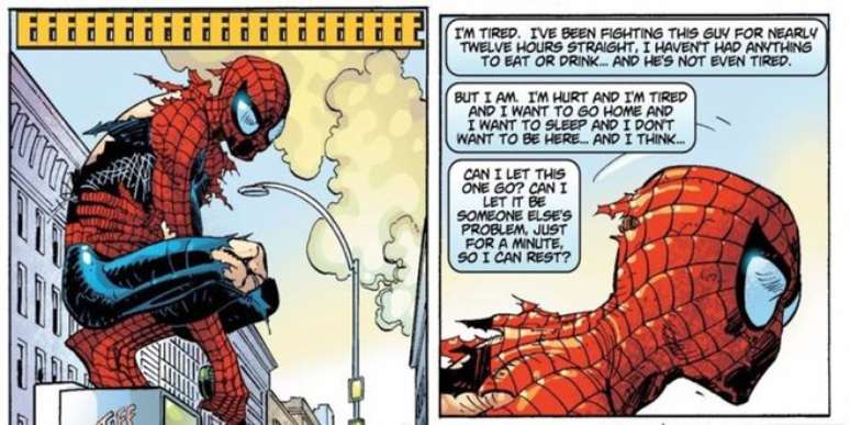 O cansaço do Homem-Aranha sempre foi retratado nas histórias (Imagem: Reprodução/Marvel Comics)