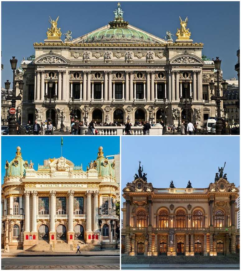 Acima, a fachada do Palais Garnier; abaixo, o teatros municipais do Rio e de de São Paulo, com arquitetura inspirada no edifício francês