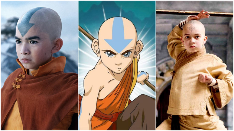 As diferentes versões de Aang (Imagem: Reprodução/Netflix, Nickelodeon, Paramount Pictures)
