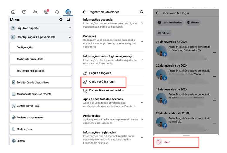 Desconecte a conta do Facebook de outros dispositivos (Imagem: Captura de tela/André Magalhães/Canaltech)