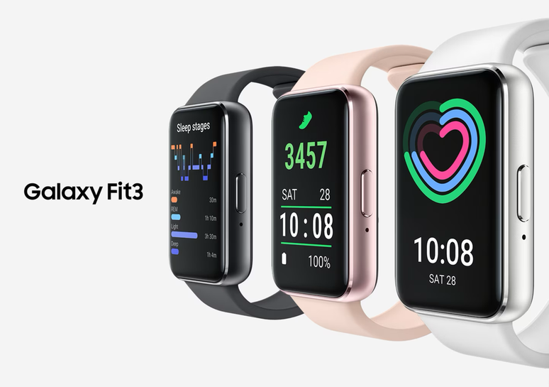 A Galaxy Fit 3 marca o retorno da linha de pulseiras inteligentes da Samsung, e chega com a missão de popularizar os recursos de acompanhamento de saúde (Imagem: Reprodução/Samsung)