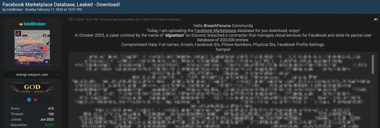 Postagem em fórum cibercriminoso com os dados de pelo menos 77 mil usuários do Facebook Marketplace (Imagem: Reprodução/Bleeping Computer)