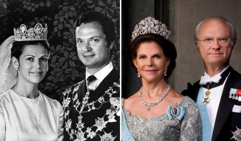 Sílvia no dia do casamento com o rei Carl Gustaf e retrato oficial recente do casal real