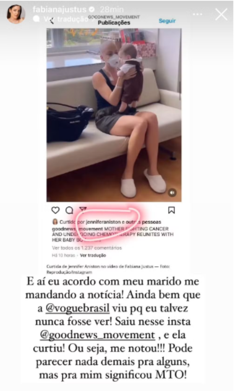 Mais cedo nesta semana, o vídeo do reencontro de Fabiana com o seu bebê foi recompartilhado em uma página internacional e entre as curtidas, o perfil oficial da atriz Jennifer Aniston, a Rachel da mesma série. 