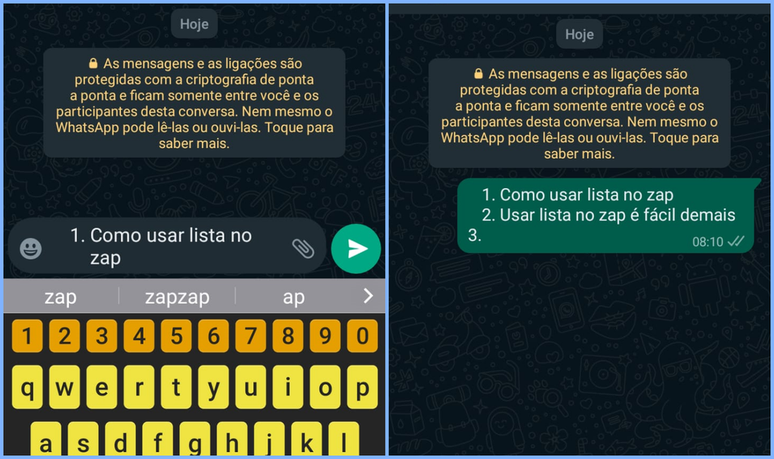 Para criar lista com números no WhatsApp, basta inserir um número com espaço antes de criar o tópico (Imagem: Captura de tela/Fabrício Calixto/Canaltech)