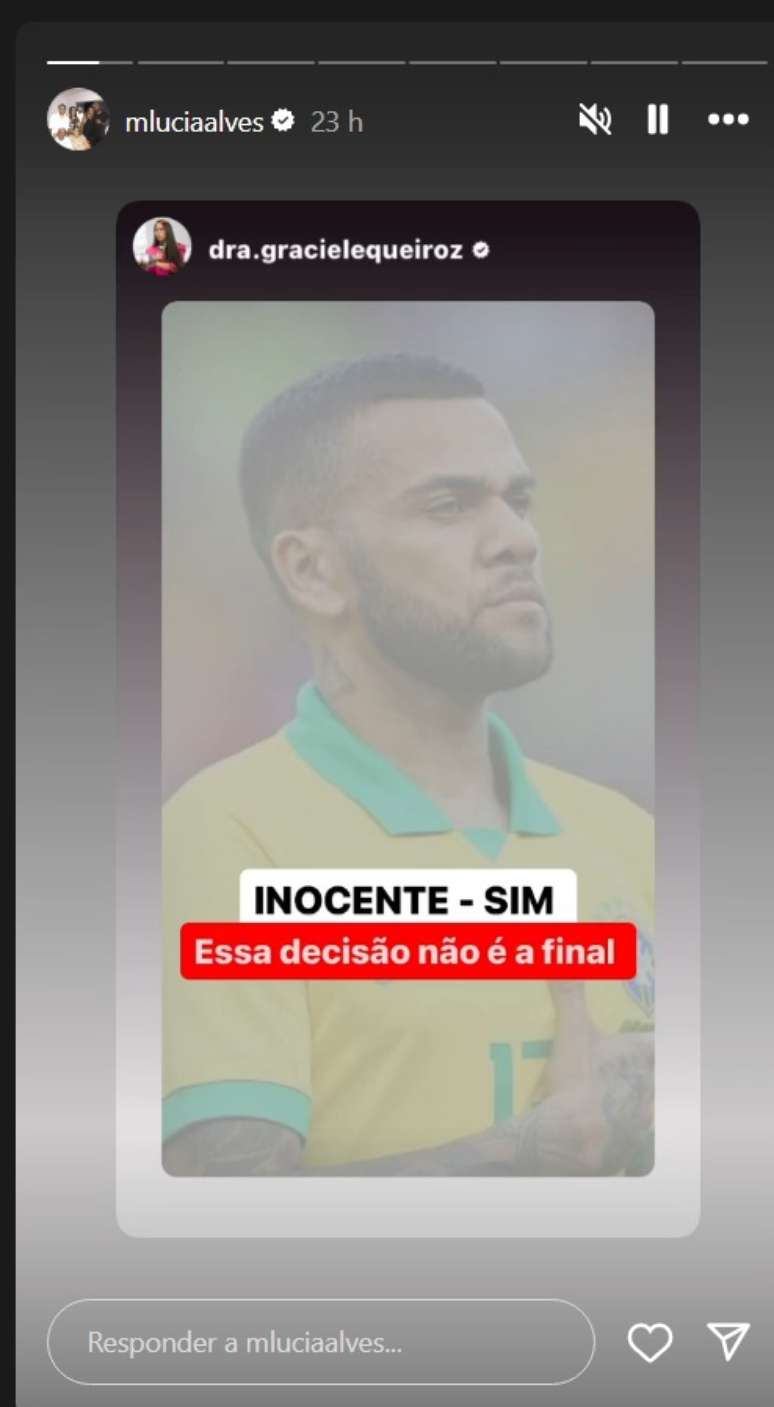 "Essa decisão não é a final", escreveu Maria Lucia Alves nos stories do Instagram