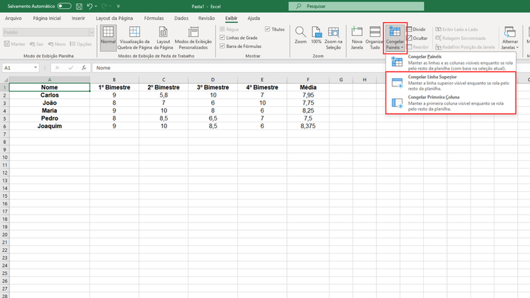 Como fixar uma linha ou coluna no Excel (Imagem: Captura de tela/Bruno De Blasi/Canaltech)