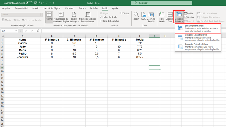 Como descongelar linhas e colunas no Excel (Imagem: Captura de tela/Bruno De Blasi/Canaltech)