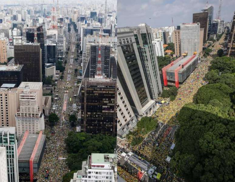 Na primeira foto, manifestantes pedem pelo impeachment da Presidente Dilma Rousseff, na Avenida Paulista em 2015. Na segunda, ato pró Bolsonaro na Avenida Paulista neste domingo.