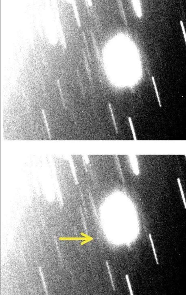 A nova lua uraniana S/2023 U1 é um pontinho quase imperceptível indicado pela seta amarela (Imagem: Reprodução/Scott Sheppard, via: Carnegie Science)