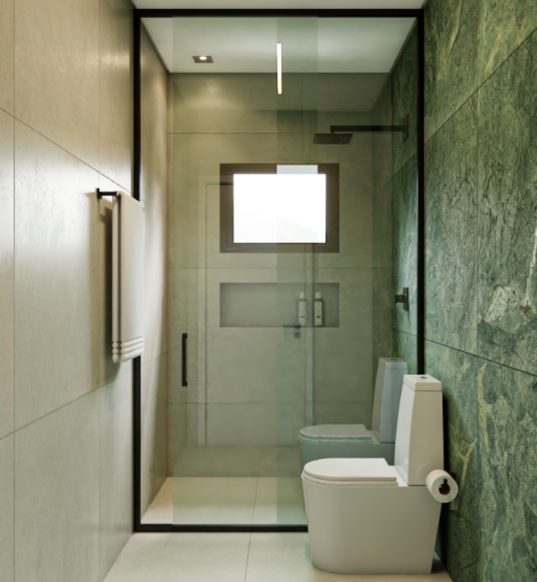 18. Box para banheiro: verifique o alinhamento das portas de correr para garantir abertura suave – Projeto: Rodrigo Baleeiro – Dbale Arquitetura