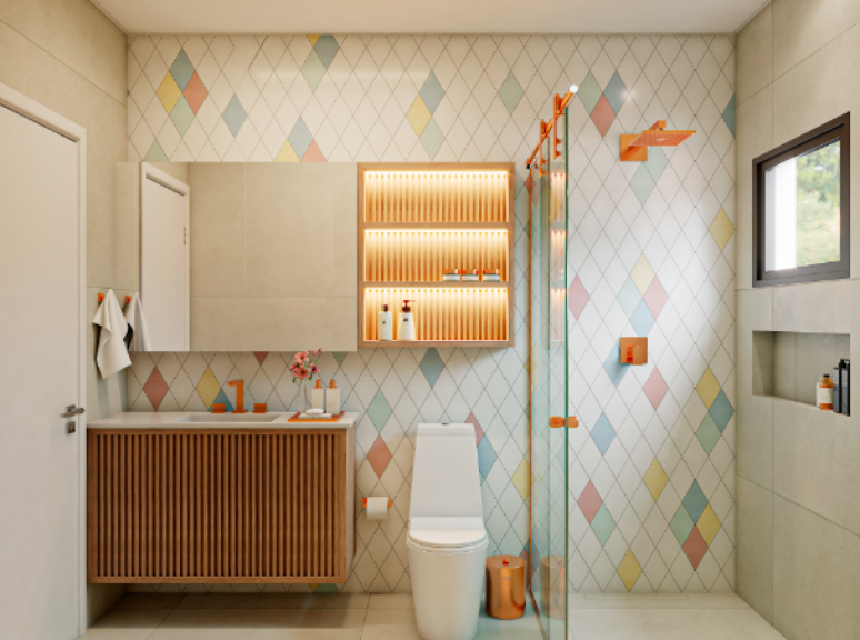 17. Box para banheiro: revestimento coloridos + metais golden rosé – Projeto: Rodrigo Baleeiro – Dbale Arquitetura