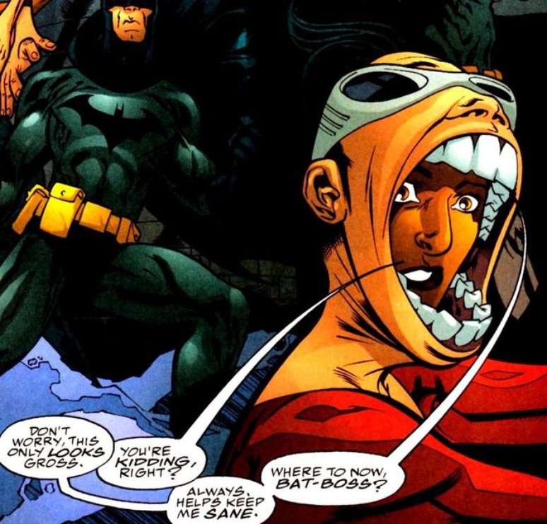 Homem-Borracha engole moça para se tornar uma roupa protetora (Imagem: Reprodução/DC Comics)