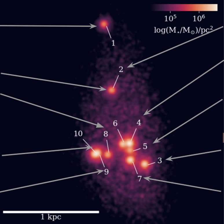 Ten separate clusters found in the Firefly Sparkle galaxy (Image: Reproduction/Mowla et al)