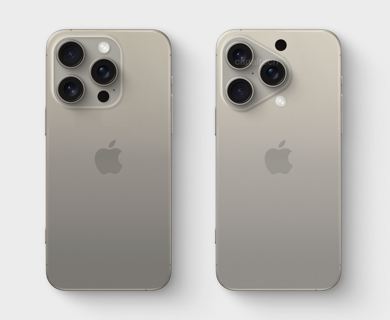 Conceito imagina iPhone 16 Pro com módulo de câmera atual (esquerda) e suposto novo design (à direita) com base nos vazamentos mais recentes (Imagem: Victor Carvalho/Canaltech)