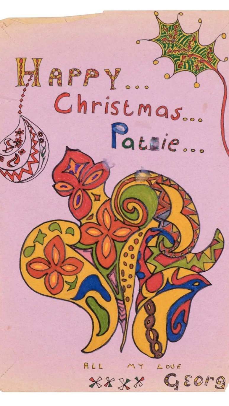 Um cartão de Natal desenhado por George Harrison para Pattie Boyd, de 1968