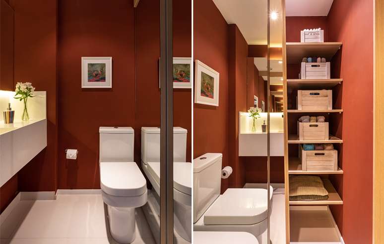 Com prateleiras para guardar v&aacute;rios itens dos moradores, este lavabo tamb&eacute;m cumpre a fun&ccedil;&atilde;o de rouparia | Projeto: Marina Carvalho