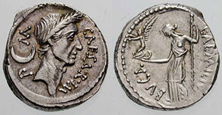 Moeda com figura de Júlio César e de Vênus, a deusa romana do amor (Imagem: Classical Numismatic Group, Inc., Wikimedia)