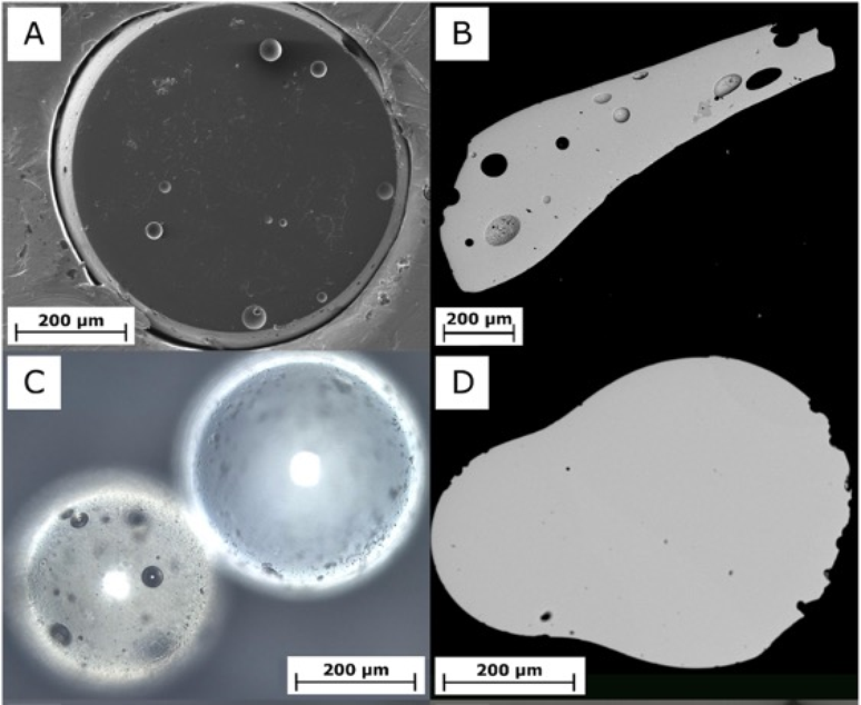 Vidros de Hiroshima vistos por microscópio (Imagem: Reprodução/Asset et al., EPSL, 2024)