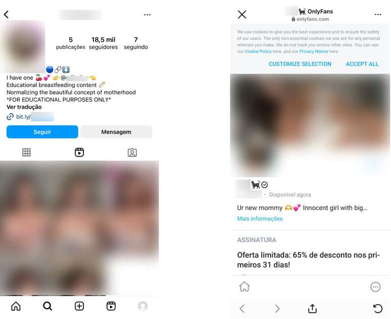 Perfis do Instagram têm links para levar usuários à páginas do OnlyFans (Imagem: Captura de tela/Canaltech)