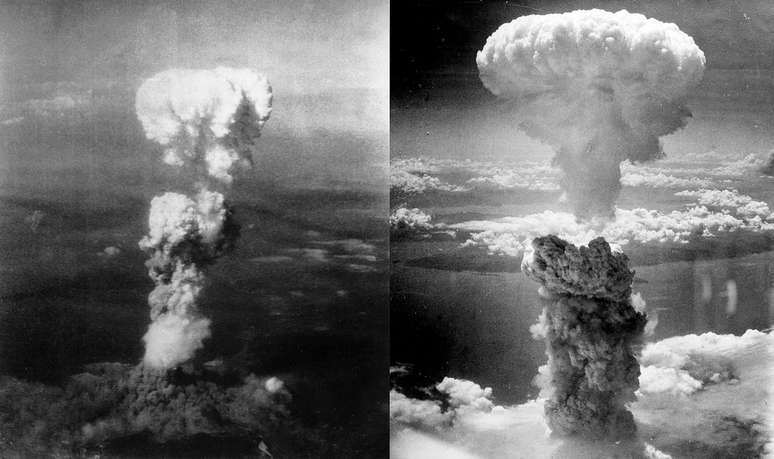 À esquerda, a nuvem formada após a explosão da bomba atômica sobre Hiroshima, e à direita, em Nagasaki (Imagem: Domínio público)