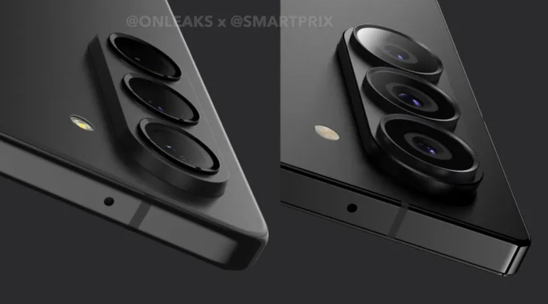 Galaxy Z Fold 5 (esquerda) aposta em um visual mais arredondado e suave que o futuro Z Flip 6 (Imagem: Reprodução/Smartprix)