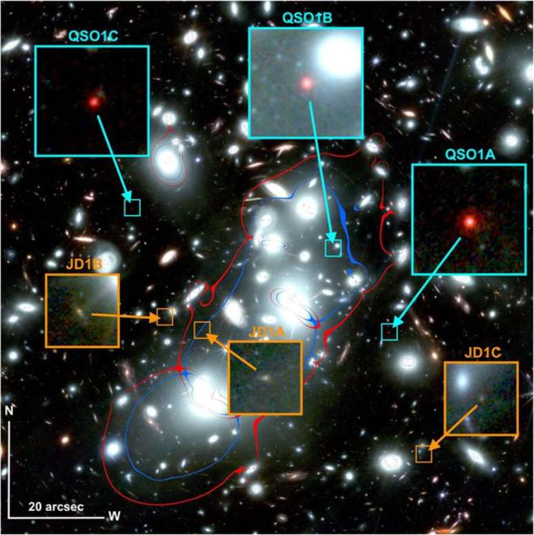 Os objetos nomeados QSO1A, B e C são réplicas de um mesmo corpo, o candidato a quasar analisado pelo novo estudo (Imagem: Reprodução/Furtak et al./The Astrophysical Journal/Creative Commons 4.0)