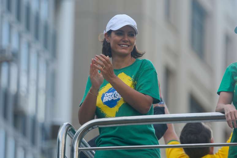 Ex-primeira-dama Michelle Bolsonaro, durante ato convocado por Jair Bolsonaro na Avenida Paulista, em São Paulo, em 25 de fevereiro