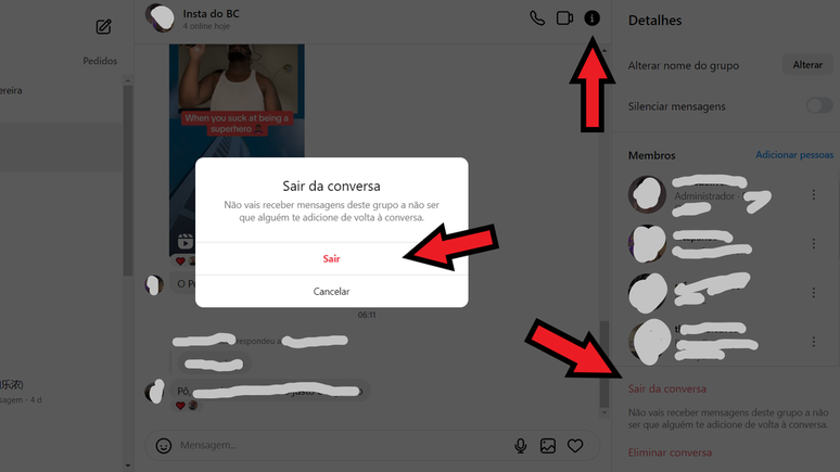 É possível sair de um grupo no Instagram pelo PC a qualquer momento (Imagem: Captura de tela/Ricardo Syozi/Canaltech)