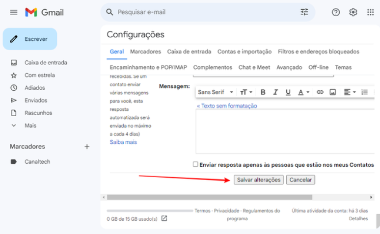 Após configurar sua assinatura, é necessário rolar a tela até o final e salvar as alterações feitas no Gmail (Imagem: Captura de tela/Fabrício Calixto/Canaltech)