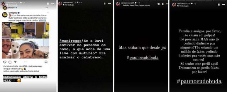 Postagens de Camila Moura sobre o comportamento do marido, Lucas Henrique, no BBB 24