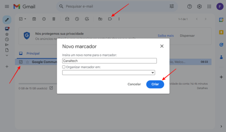 É possível usar marcadores no Gmail para segmentar suas mensagens de forma mais organizada (Imagem: Captura de tela/Fabrício Calixto/Canaltech)