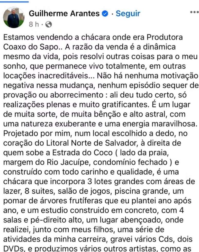 Singer Guilherme Arantes sells everything he has in Bahia and explains why