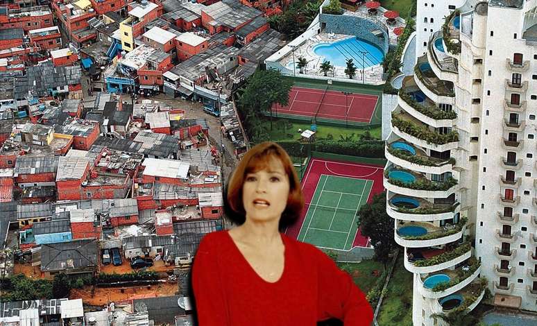 O Edifício Penthouse com as varandas com piscinas voltadas à favela de Paraisópolis e, no centro, a personagem Helena, a "bonitona do Morumbi" da novela 'A Próxima Vítima'