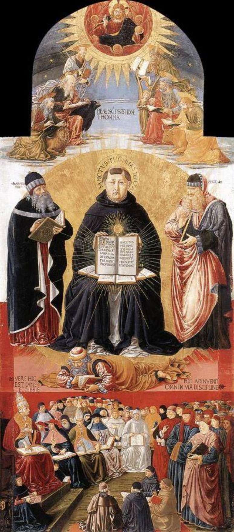 Tom&aacute;s de Aquino entre Plat&atilde;o e Arist&oacute;teles, retratado em pintura de Benozzo Gozzoli, no s&eacute;culo 15