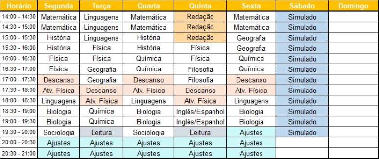 Proposta de cronograma de estudos para o Enem 2024