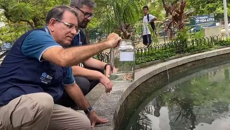 Peixes barrigudinhos são colocados no chafariz no bairro da Tijuca, no Rio de Janeiro. Eles comerão as larvas do mosquito da dengue