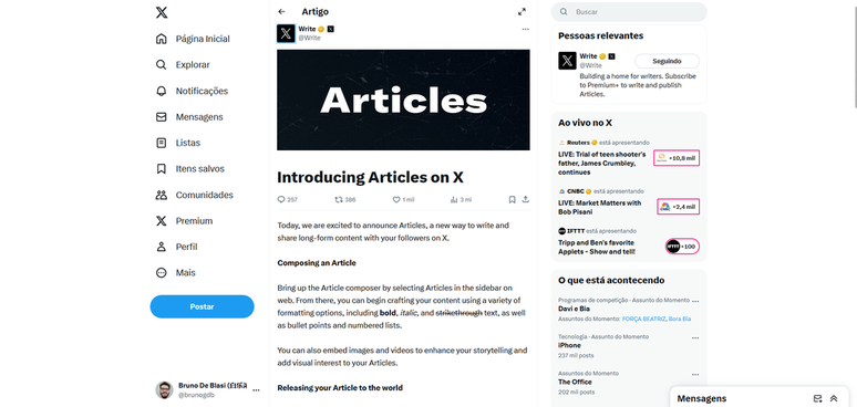 X (ex-Twitter) passa a aceitar artigos (Imagem: Captura de tela/Bruno De Blasi/Canaltech)