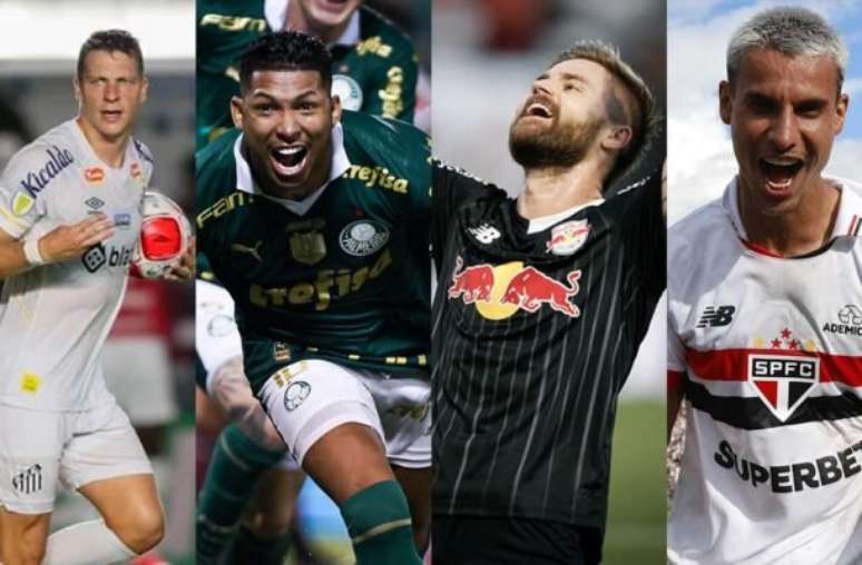 Fotos: Fernanda Luz e Rebeca Reis/Ag. Paulistão, Ari Ferreira / RBB e Rubens Chiri / São Paulo - Legenda: Santos, Palmeiras, Bragantino e São Paulo serão mandantes nos jogos decisivos das quartas de final do Paulistão