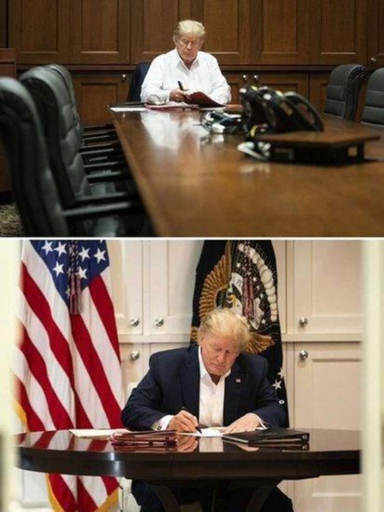 Duas fotos de Trump no hospital militar em que foi internado com covid-19