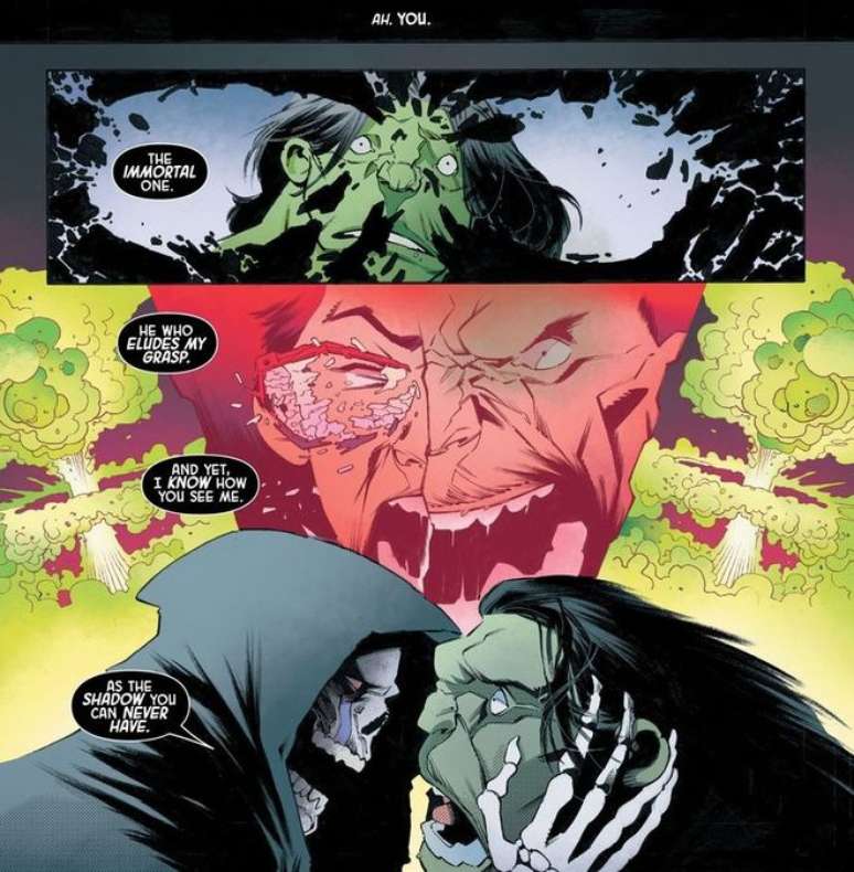 A Morte encara o Hulk e o chama de "sombra que nunca poderá ter" (Imagem: Reprodução/Marvel Comics)
