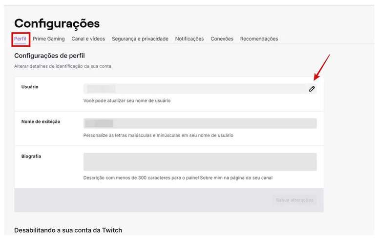 Access your settings via your PC browser to change your name on Twitch (Image: Screenshot/Rodrigo Folter/Canaltech)