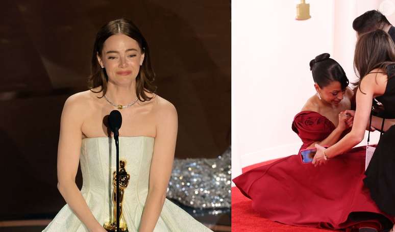 No Oscar 2024, Emma Stone sofre com problemas no vestido e atriz cai no tapete vermelho! Veja os perrengues.