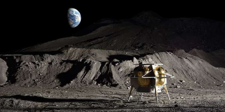 Representação do lander Peregrine, na Lua; se tivesse pousado lá, ele teria levado cinzas para criar um memorial lunar (Imagem: Reprodução/Astrobotic Technology)