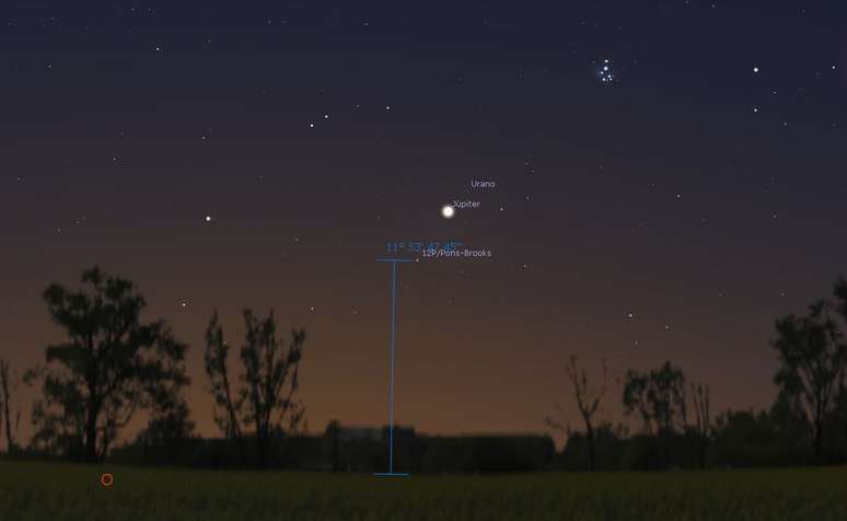The sky of Maranhão on April 12, at 6.40 pm, with the comet close to Jupiter;  11 degrees above the horizon means visibility may not be very good (Image: Screenshot/Stellarium)
