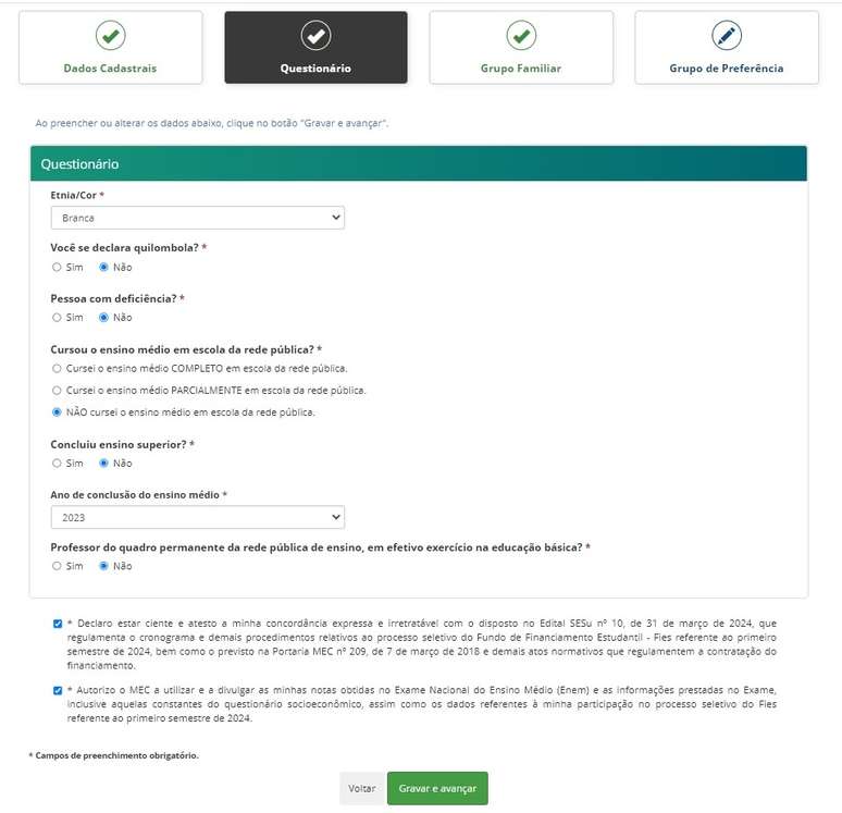 : Página de inscrição do Fies com o preenchimento do questionário. Divulgação / MEC.