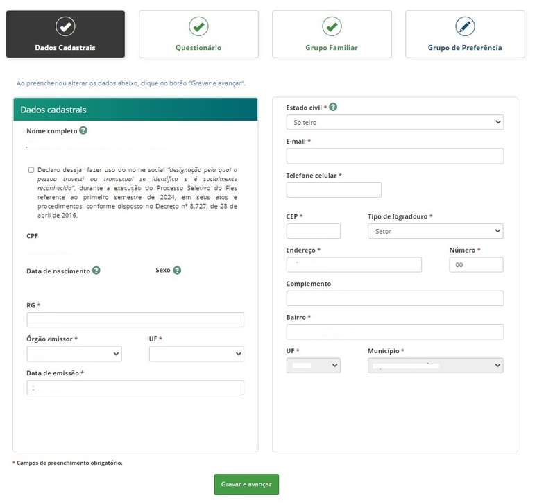 Página de inscrição do Fies com o preenchimento dos dados cadastrais. Divulgação / MEC