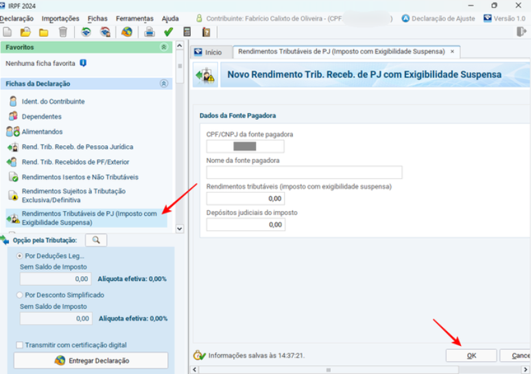 É necessário fornecer uma série de dados se você quiser declarar Rendimentos Tributáveis de PJ (Imagem: Captura de tela/Fabrício Calixto/Canaltech)