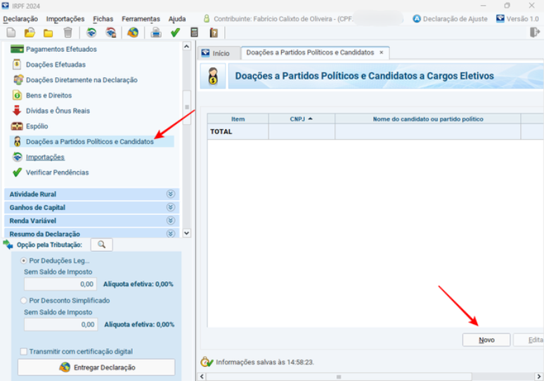 Você pode registrar doações a partidos políticos e candidatos no software da Receita (Imagem: Captura de tela/Fabrício Calixto/Canaltech)