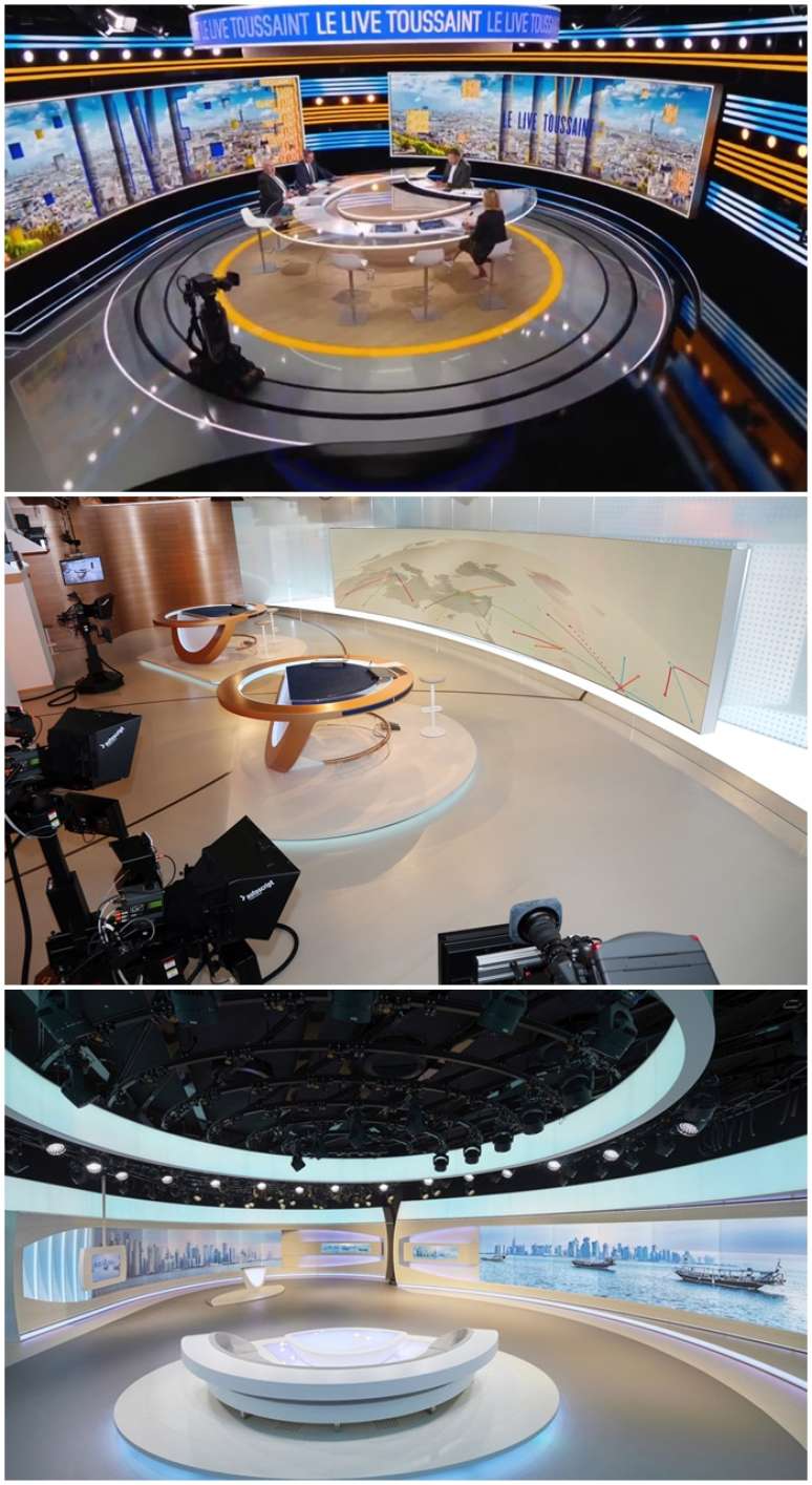 Os estúdios da BFMTV, DW TV e Al Jazeera: o telão como fundo é a vedete do projeto 